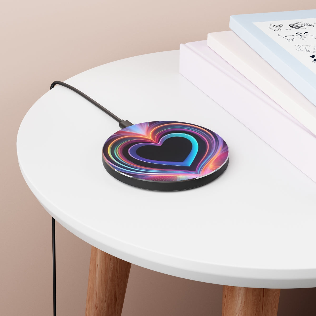 Image of a wireless charger showcasing a radiant hearts design. The design shows bright colors in the shape of a heart. The charger works with iphone and other smart phones. 