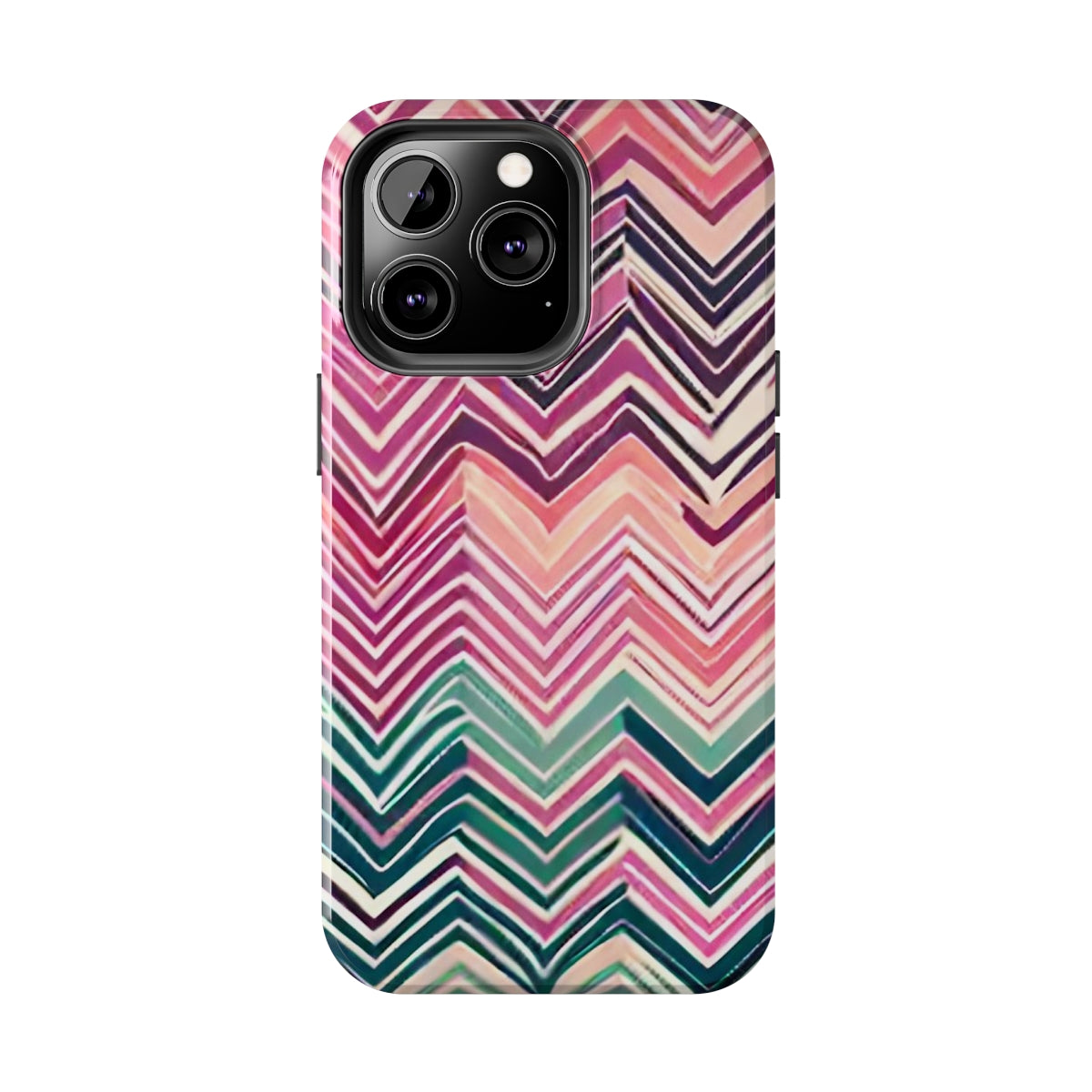 Pink chevron pattern design displayed on an iphone 14. Design available for iphone, samsung and google pixel devices 